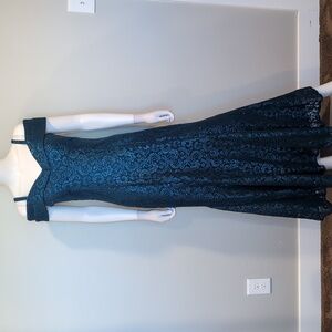 R&M Richards Off Shoulder Fishtail Evening Gown with Full Body Shimmer Lace 6P